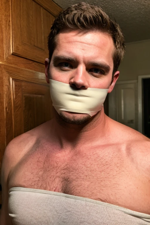 handsome middle aged man, slightly fat, stubble, bearded, hairy ?????, short brown hair, looking at viewer, sad, tape gag, tape wrapped around face, tape wrapped, wrap gag, tightly bound