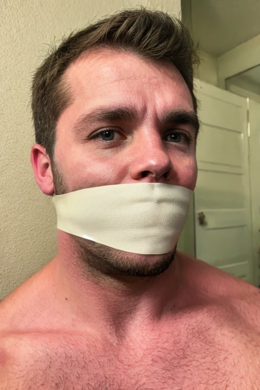 handsome middle aged man, slightly fat, stubble, bearded, hairy chest, short brown hair, looking at viewer, sad, tape gag, tape wrapped around face, tape wrapped, wrap gag, tightly bound