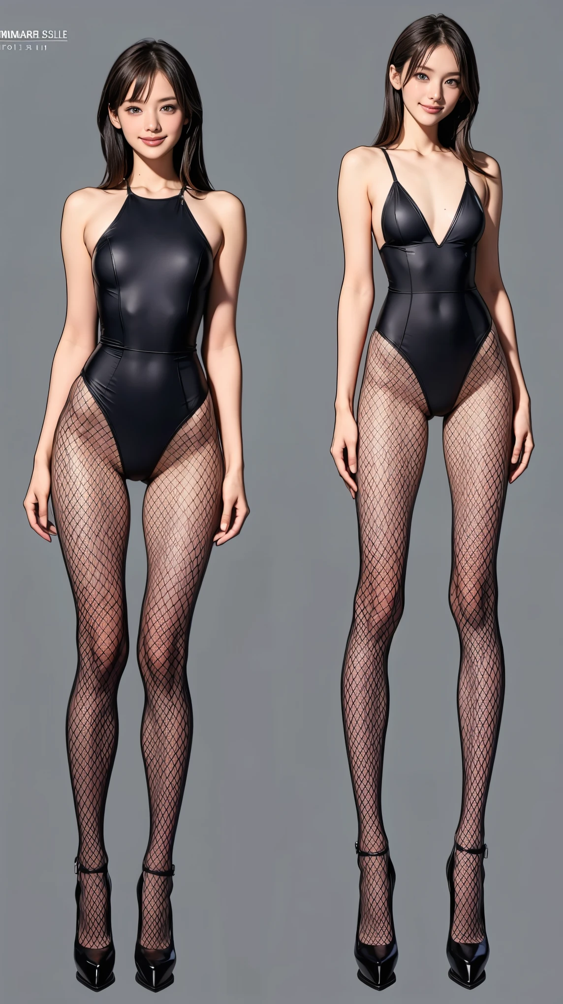 ((masterpiece)),(((Highest quality))),((Character design sheet)),Thin thighs,Long legs,Bunny girl:1.5，wearing black fishnet tights:1.5，The best smile:1.5，Full Body Shot:1.5，Gray background:1.5，Wearing black high heels:1.5，Wearing a black high-cut swimsuit:1.5，