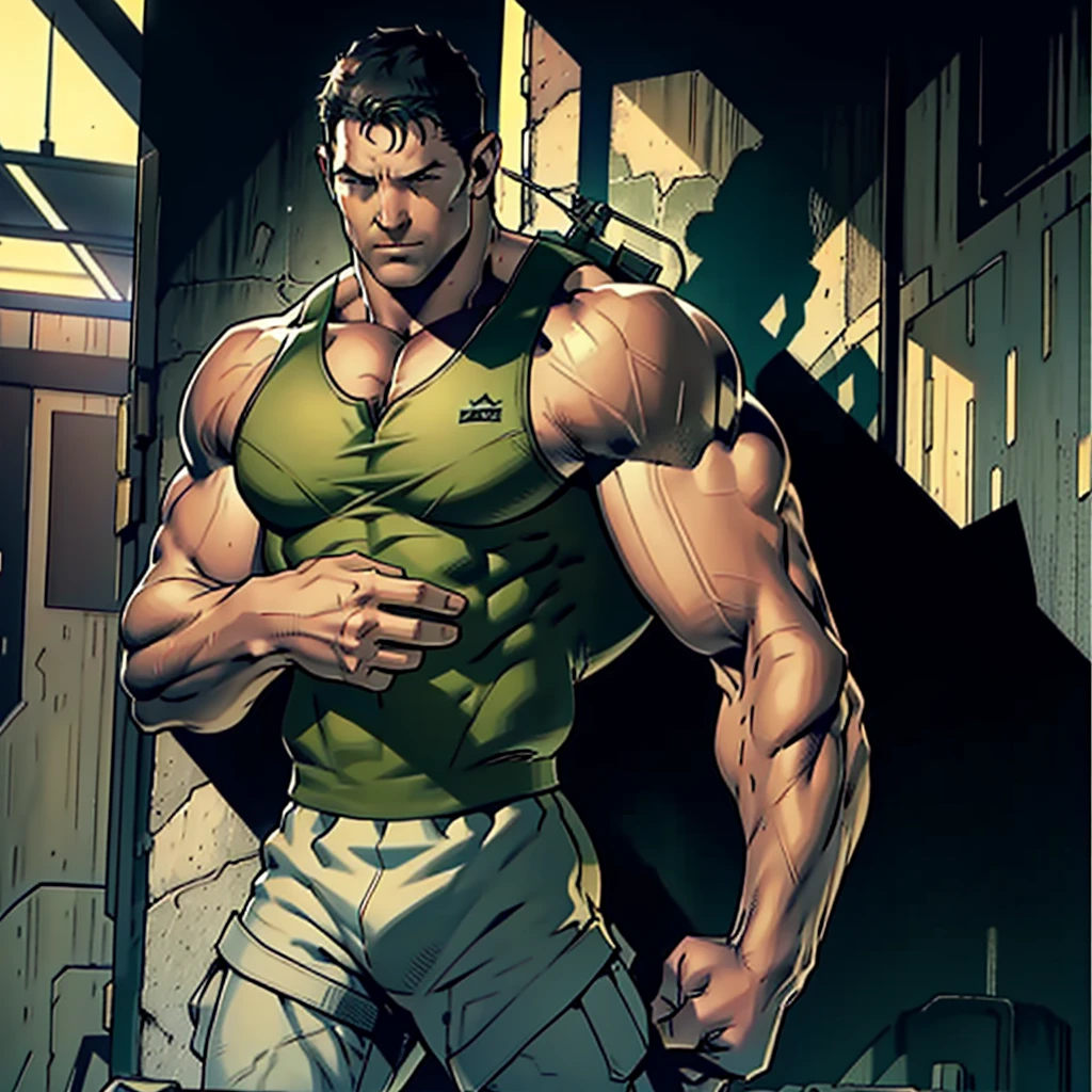 In a masterpiece of high resolution, a 35-year-old man stands alone, elegantly posed against the backdrop of a dark, gloomy hallway. The man is identified as Chris Redfield, renowned for his tactical prowess, and he is dressed in a military tactical suit, highlighted by the green fabric of his tank top, which reveals his well-defined biceps, abs, and chest. The white color on the shoulder of his tank top features the iconic B.S.A.A. logo, adding an air of professionalism to the image.
With a smirk on his face, Chris Redfield towers over the scene, a sign of his dominance and