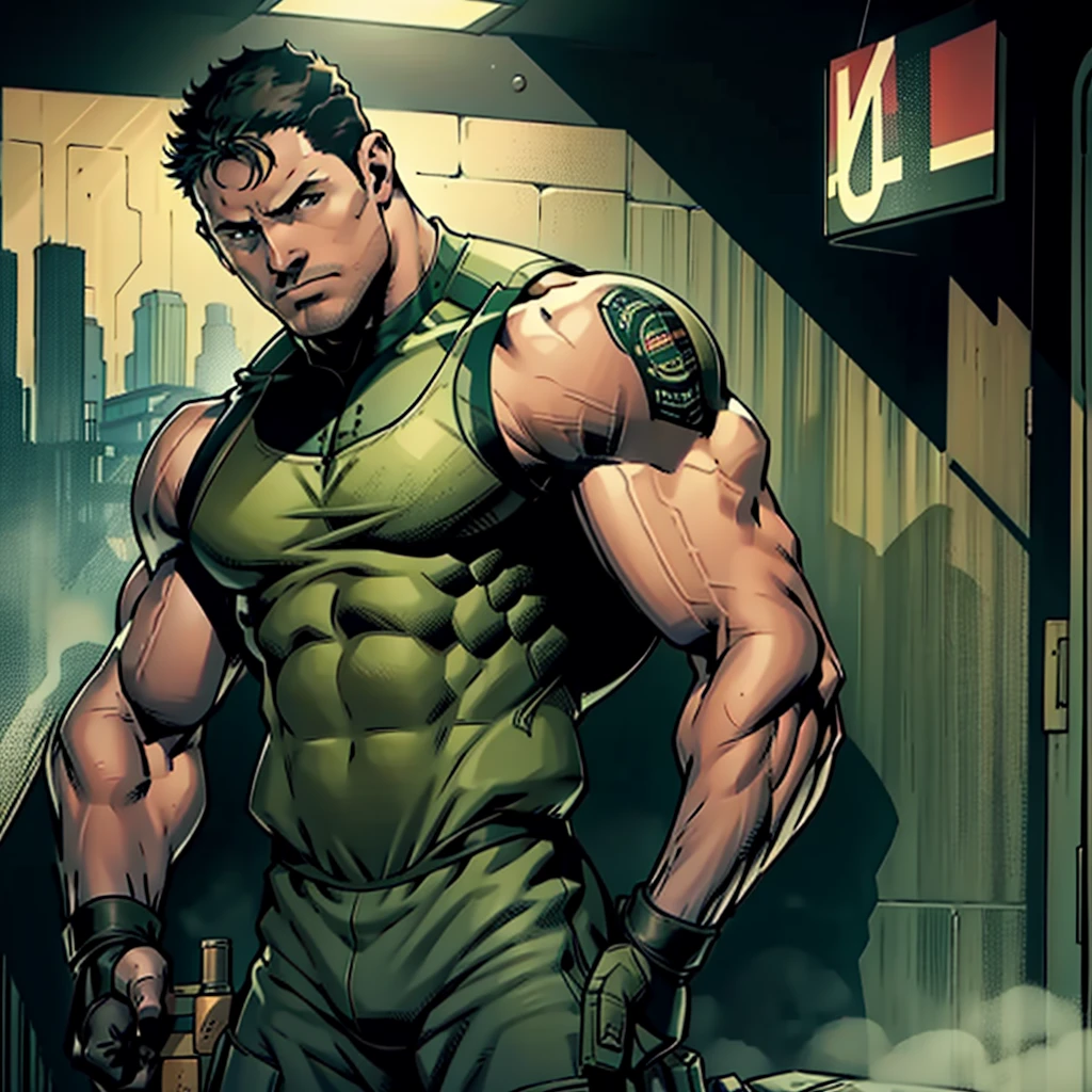 In a masterpiece of high resolution, a 35-year-old man stands alone, elegantly posed against the backdrop of a dark, gloomy hallway. The man is identified as Chris Redfield, renowned for his tactical prowess, and he is dressed in a military tactical suit, highlighted by the green fabric of his tank top, which reveals his well-defined biceps, abs, and chest. The white color on the shoulder of his tank top features the iconic B.S.A.A. logo, adding an air of professionalism to the image.

With a smirk on his face, Chris Redfield towers over the scene, a sign of his dominance and