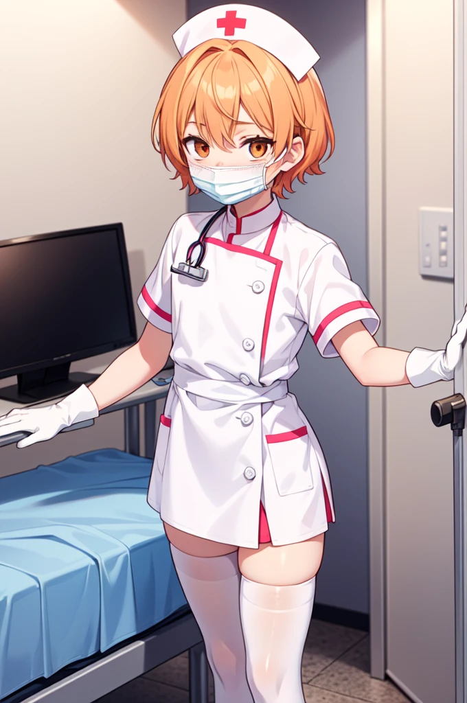1boy, solo, male focus, nurse, white nurse cap, white nurse uniform, ((white legwear, zettai ryouiki)), white gloves, short hair, orange hair, ((white surgical mask, covered nose)), standing, ((hospital room)), sharp outline, short sleeves, shota, 12 years old, best quality, masterpiece