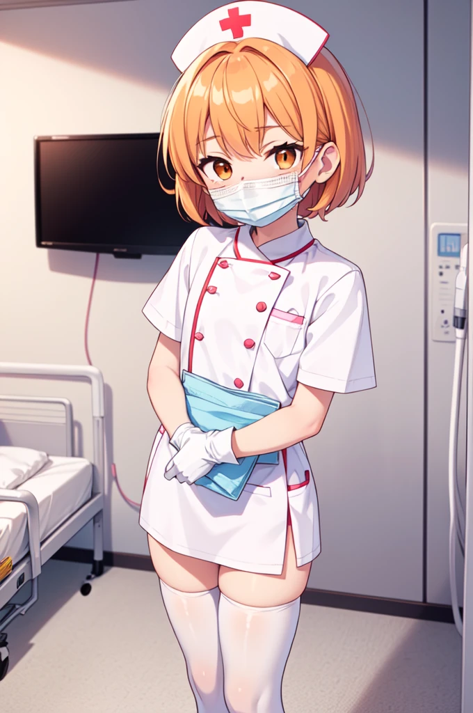 1boy, solo, male focus, nurse, white nurse cap, white nurse uniform, ((white legwear, zettai ryouiki)), white gloves, short hair, orange hair, ((white surgical mask, covered nose)), standing, ((hospital room)), sharp outline, short sleeves, shota, 12 years old, best quality, masterpiece