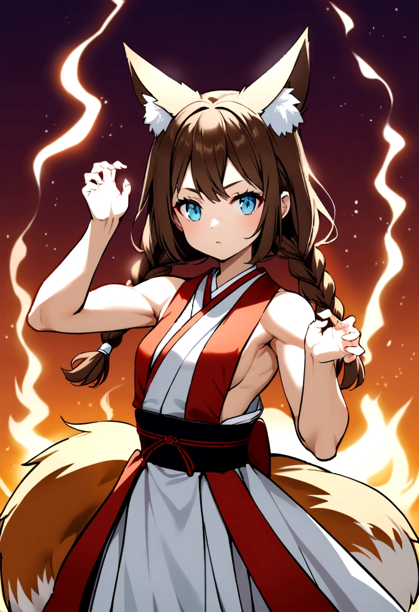 cute young girl, brown hair, long hair, small braids hair, light blue eyes, fox ears, fox tail, muscular body, small breast, japanese outfit, fight with magic spirit pose