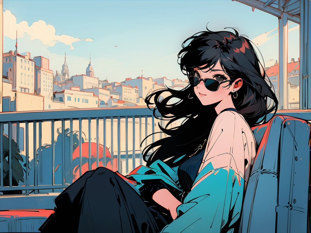 Swedish cityscape、Terrace seats、Cool black hair woman、Break、Wearing sunglasses