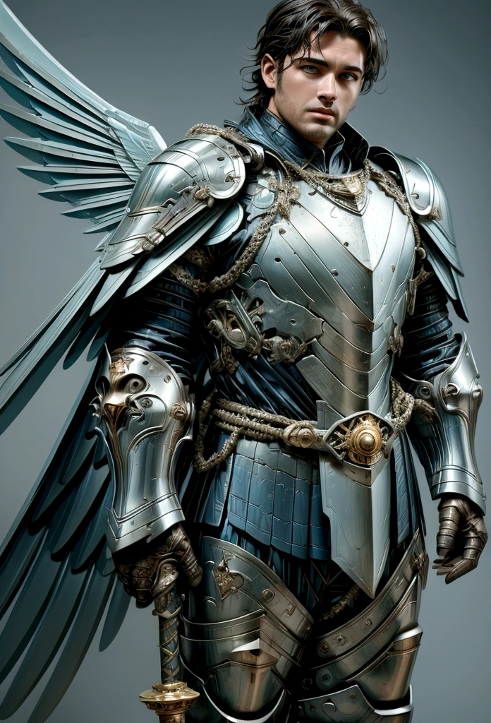 bird face. Arafed image of a man with sword and wings., male paladin, a human male paladin, winged archer, blue armor, fantasy paladin, male warrior, Attractive burly male in armor., picture of an adult male warrior, kaladin blessed by the storm, Charlie Bowater and Mark Brooks, arsen lupine as paladin