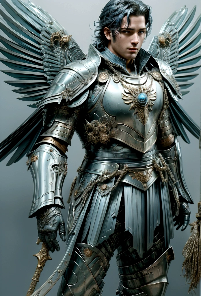 bird face. Arafed image of a man with sword and wings., male paladin, a human male paladin, winged archer, blue armor, fantasy paladin, male warrior, Attractive burly male in armor., picture of an adult male warrior, kaladin blessed by the storm, Charlie Bowater and Mark Brooks, arsen lupine as paladin
