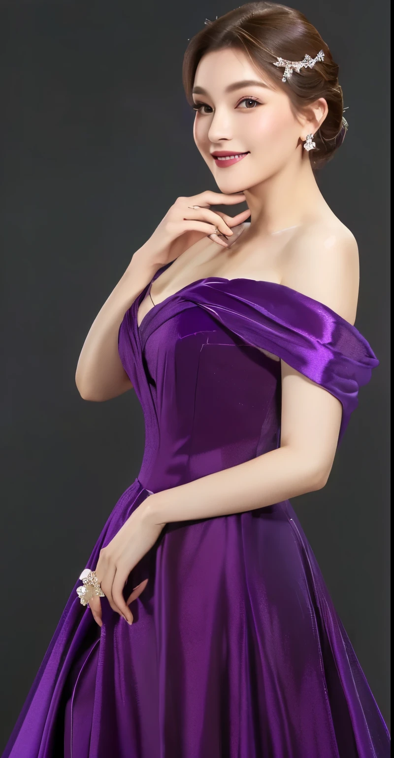 a close up of a woman in a Purple dress posing for a picture, Wearing purple robe, Elegant smiling posture, Amazingly graceful pose, Half-length lady in evening dress, Wearing a purple off-shoulder dress, Flowing realistic fabrics, Elegant posture, Purple dress, Ultra high quality model, High-quality local rendering, elegant glamor pose, High resolution details