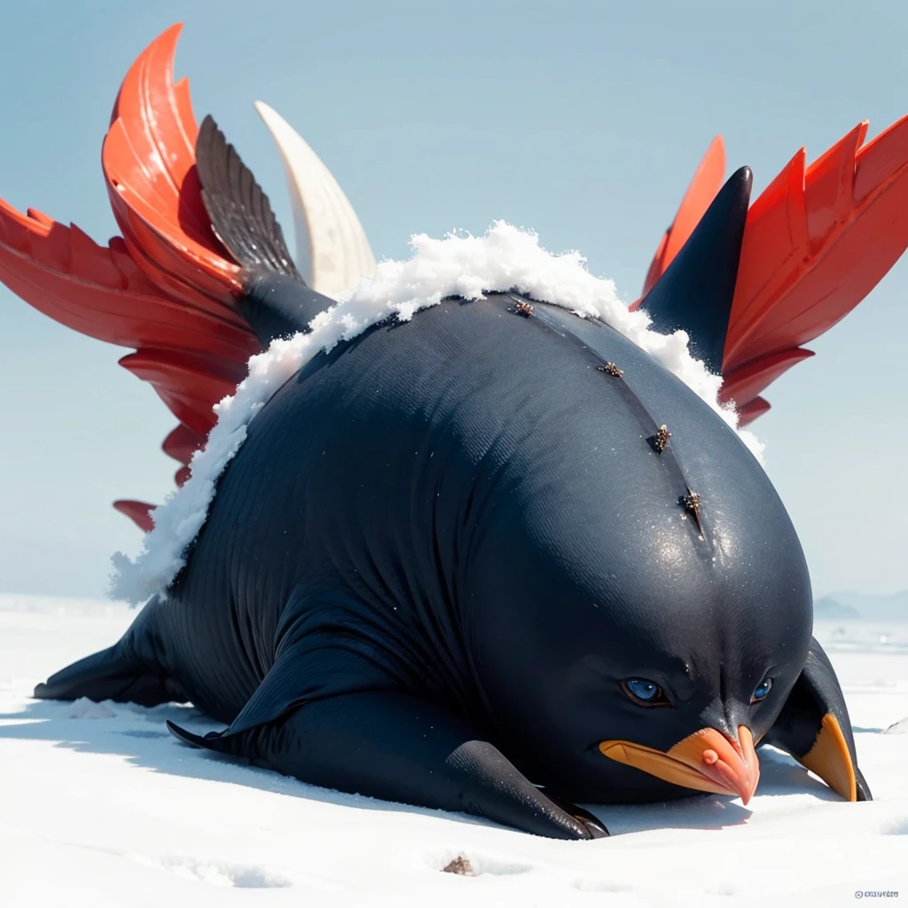 Big Animaly, has red stripes on his skin, blue eyes, penguin mixed with starfish, Grassroots, no background