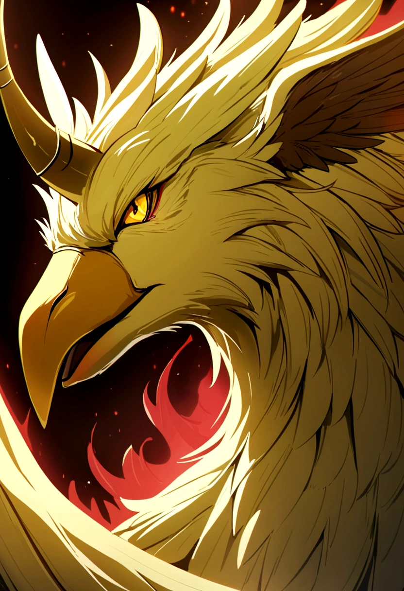 The eagle that like a lion and a dear , wings , 4 legs , ears , hair , green red aura , yellow tourqoise orange eyes , yellow fur , not a human , long horn , beak