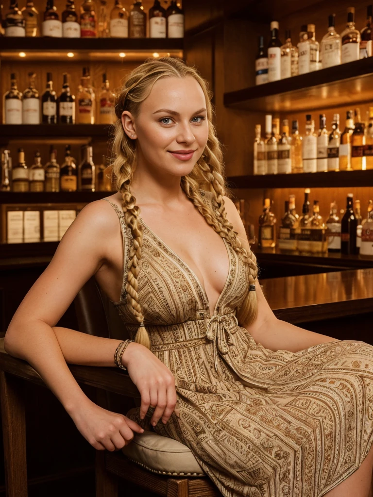 solo, realistic, photorealistic, natural lighting, (large forehead, (((Latvian woman))), (((Latvian nose))), (((Latvian eyes))), (((blonde))), (((braids))), (((Latvian face))), (((Latvian lips))), (((Latvian body))), (((fair complexion))) pose: sitting on a chair, smiling, wearing Boho Maxi Dress , cleavage, background: A sleek, corporate-themed bar where deals are made over expensive whiskey and cigars, frequented by business executives and entrepreneurs.