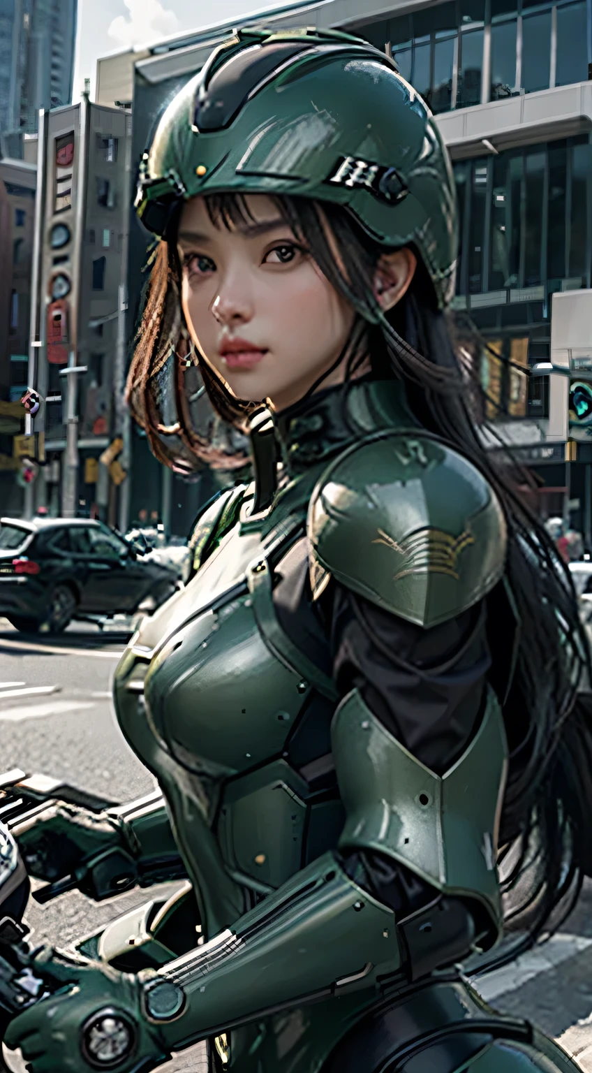 Highest image quality, Outstanding details, Ultra-high resolution, (realism: 1.4), Best example, Favor the details, Highly concentrated 1girl, Beautiful face, Wearing black and green armor, Wearing a mecha helmet, Handheld directional controller, Riding a motorcycle, The background is a high-tech lighting scene of a future city.