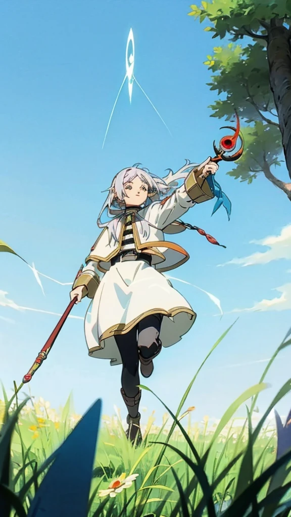 Levitating in the air, he readied his wand.、Frielen、blue sky、grassland。