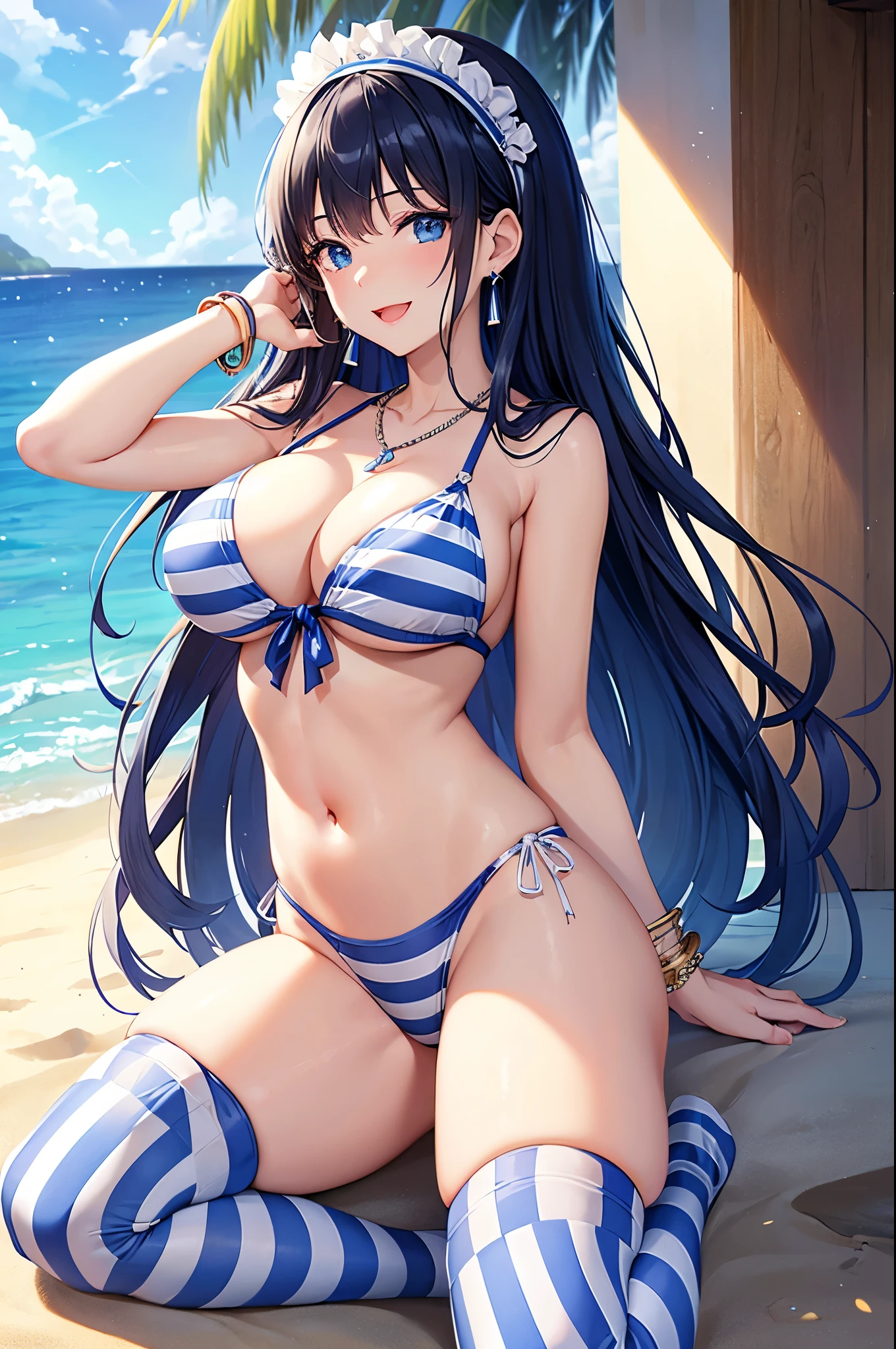 Highest quality、Highest quality、masterpiece、Beauty(Age 25)、Navy blue long hair、blue eyes、Sexy White Bikini(Dark stripes)、Big cleavage、(Big Breasts)、smile、blue necklace、Blue Earrings、background(Beach)、Please open your mouth wide、White headband、bracelet、Dynamic pose