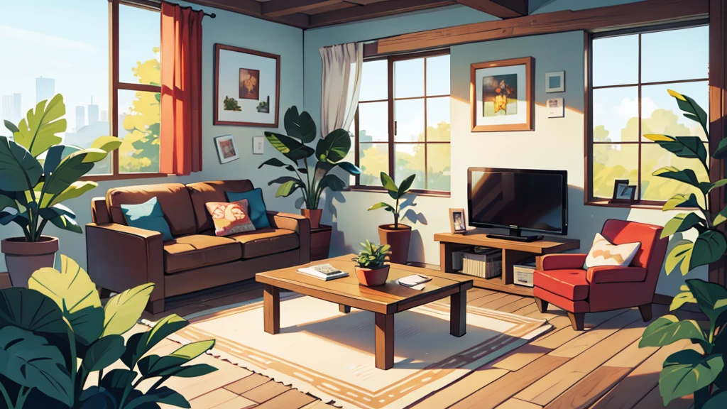 There is a living room, bright sunny, some plants
