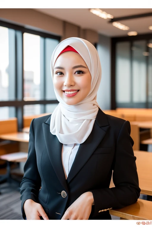 30 year old, malay women, body weight 55kg and height 158cm, potrait, ( Dead Rank 1.3), wearing white suit, wearing hijab scarf, polite girl, infornt of office desk, cinematic scene, masterpiece, 4k HD, 8k hd