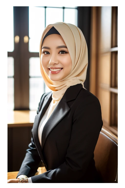 a beautiful 42 year old busty indonesian woman, formal hijab suit with blazer,  beautiful smile showing teeth, boss, full body portrait, (best quality,4k,8k,highres,masterpiece:1.2),ultra-detailed,(realistic,photorealistic,photo-realistic:1.37),hyper detailed face,extremely detailed eyes and face,detailed makeup,long eyelashes,beautiful detailed lips,elegant pose,confident expression,warm lighting,cinematic angle,office interior background,high quality,intricate details