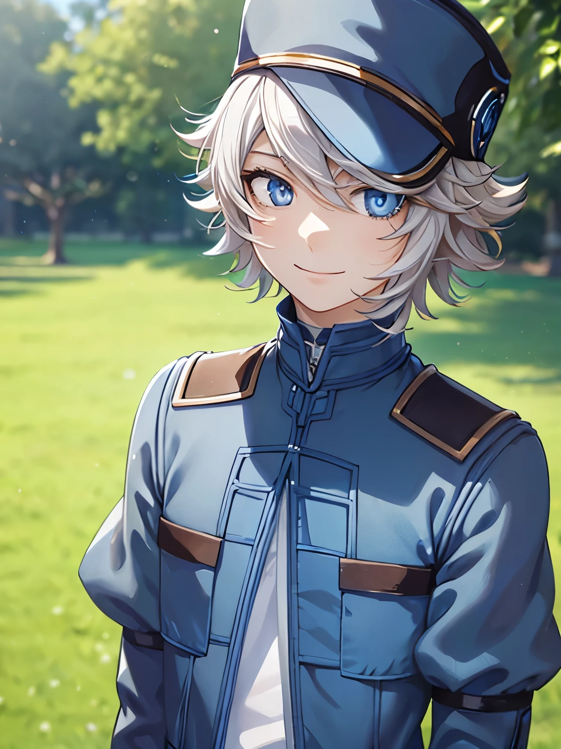 masterpiece, best quality, , 1boy, solo, male focus, looking at viewer, , depth of field, white hair, blue eyes,Standing in the park,Prince's uniform,smile, close up photo