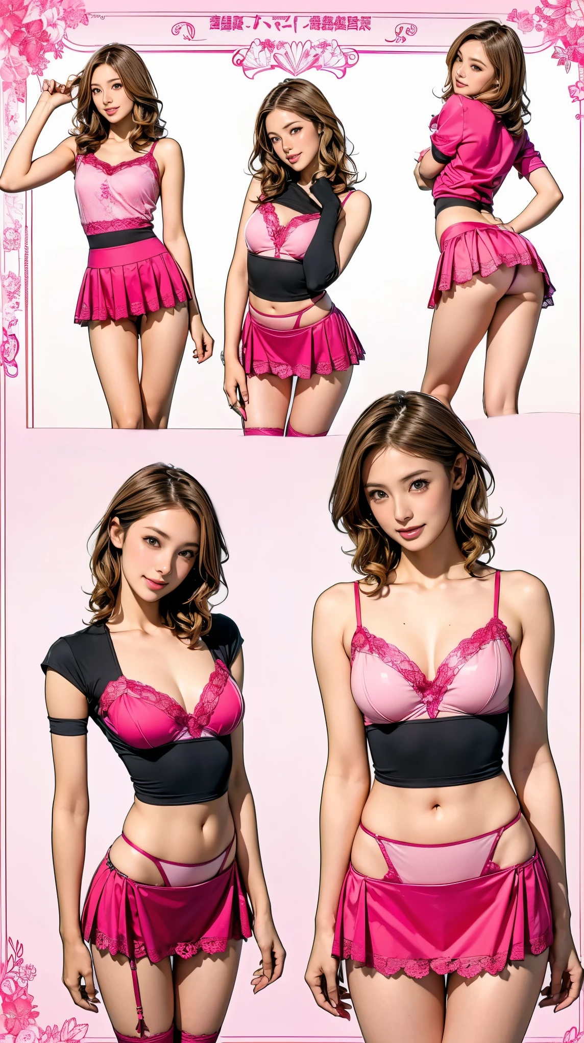 ((masterpiece)),(((Highest quality))),((Character design sheet)),Thin thighs,Long legs,A very cute 20 year old young woman from Japan.., ((Thin hair that is somewhere between brown and blonde)), ((Short hair with side waves)),Medium bust size、(Curly Hair),(((A very kind smile))), (((She wears pink, Red and magenta lace panties))),(((Wearing a black tight skirt, but、it is'turned over in her hands.))),(((He is wearing a black and white striped shirt.。))) Highly detailed lips, Beautiful Eyes, City Street,