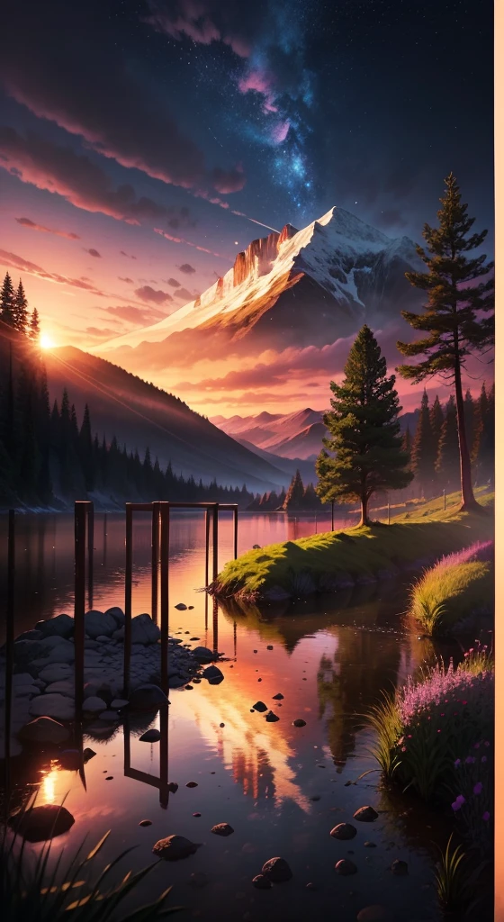 Bright and well-lit picture. No humans. (((Shinkai Makoto style)),Pixif,cartoon,high quality,Pink and purple sky,Beautiful scenery),(universe,Train passing by,Magical Realism,((Shinkai Makoto style)) ::0.8), [Artistic atmosphere, atmosphere:0.8, Starry Sky, hills, Snow Mountain, soda water, Grass, Trees, smokes, Star, Low Angle of View, Specular Scattering,