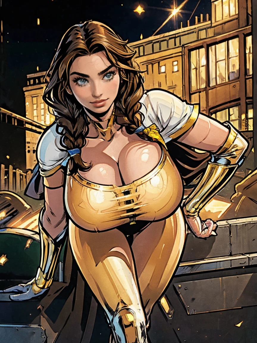 (masterpiece, top quality, best quality, official art, beautiful and aesthetic:1.2), (1girl:1.3), brown hair, braid, extremely detailed, portrait, looking at viewer, solo, (full body:0.6), detailed background, close up, mischievous eyes, (warm city superhero theme:1.1), pleasant smile, brunette, aquiline nose, green eyes, braid, ((gigantic breasts)), (thin), athletic, superhero. Wearing a white and gold superhero leotard, cape, gloves, thigh-high boots, slim waist, slim hips, long legs, modern (city street exterior:1.1) detailed background, bright optimistic lighting, shadows, magical atmosphere, dutch angle