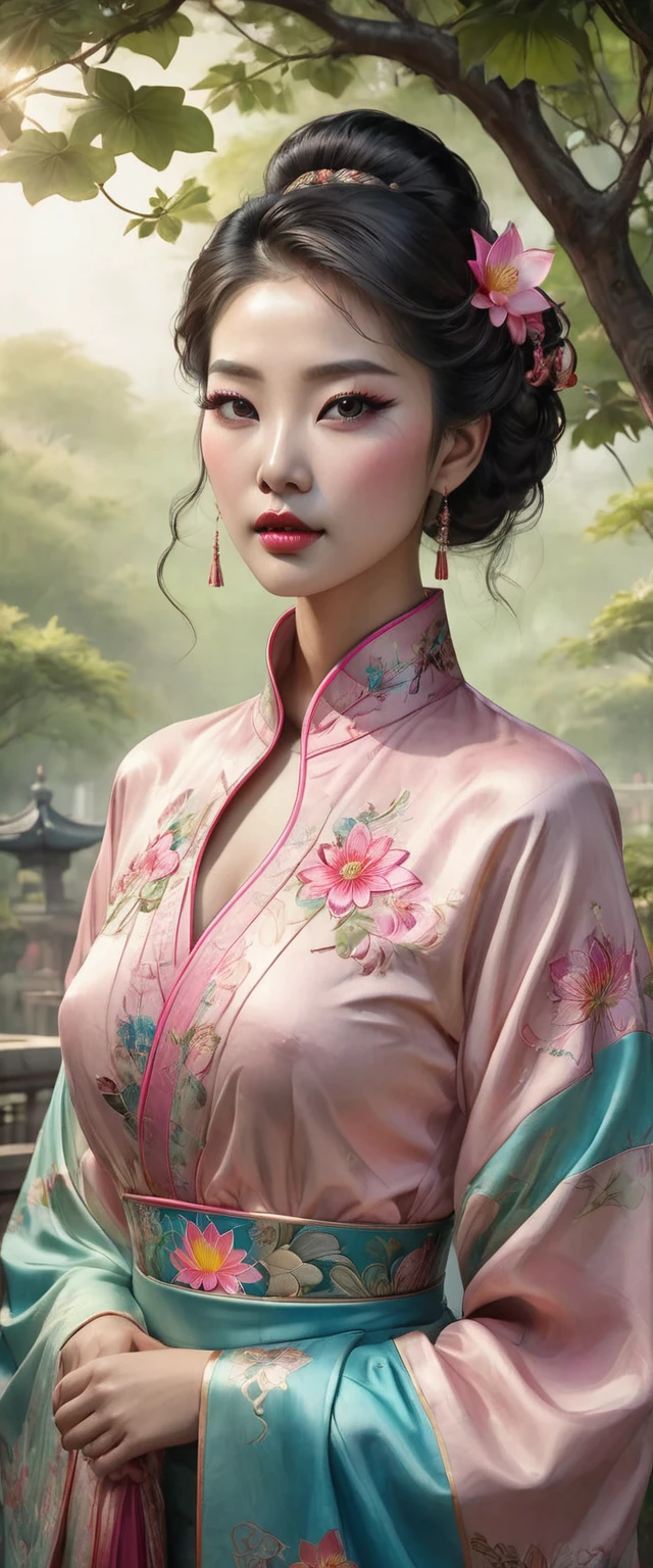 ((pay attention, plano general, whole body:1.6)), ((a detailed beautiful girl with Cheongsam in Cantonese, in profile with a lotus flower in his hands:1.3, It is a type of female dress of Manchu origin used in China, beautiful colors., pink cyan, green:1.5)), detailed eyes, detailed face, long eyelashes, detailed hair and updo elegant and beautiful dressed elegantly, standing under a tree, sunlight splashing on the leaves, vibrant colors, photorealistic, 8K, high quality, cinematic lighting, portrait, (Best Quality,4k,8K,high resolution,masterpiece:1.2),ultra detailed,sharp focus, Very detailed face,extremely detailed facial features,hyper realista skin texture,extremely fine details,intricate details,detailed eyes,Detailed nose,detailed lips,Detailed facial expressions,intricate facial anatomy,intense lighting, dramatic lighting,Changing lighting,cinematic lighting,chiaroscuro lighting,dramatic shadows,dramatic moments,vivid colors,intense colours,Deep contrast,cinematic depth of field,cinematographic composition,cinematic camera angle