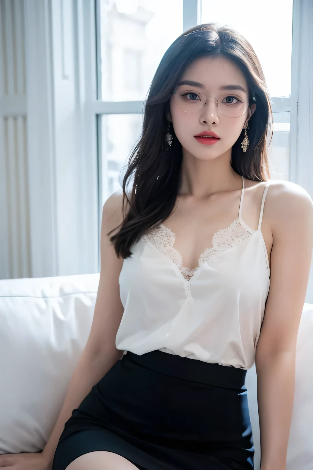 Top CG, Highest image quality, masterpiece, Gentle and beautiful girl, (185cm美女), (fit), Imperial sister, Queen temperament, White skin, ((Long legs)), Perfect facial features, Bright Eyes, Seductive pose, Red lips, Beautiful and cold (A major breakthrough)), Beautiful and heroic, Soft and long hair, sparkling, Lace, net, Visible through clear skin, wear glasses, Diamond Earrings, Black skirt), 8K Image Quality, (Realistic Portraits), Characters fill the screen, (Facial lighting), ((eternal)