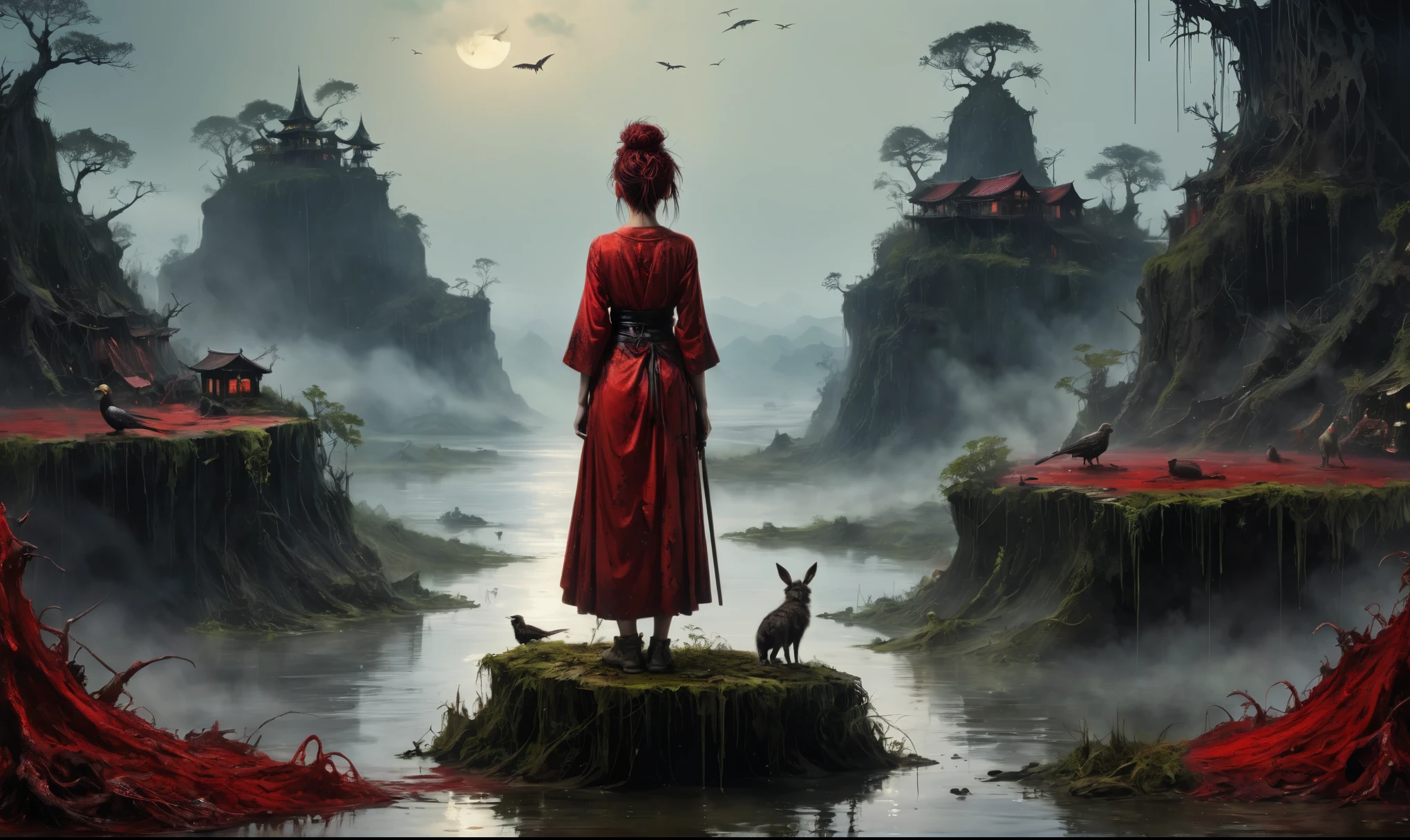heght view on himera babygirl assassin,elf,pretty face,eyebrow up,full body shot,ominous landscape,glate gray atmosphere,prime colors,wariza,extremely detailed, [night],masterpiece,intricate details,faded,eyes extremely detailed, high detailed eyes,4k resolution,RAW, Nikon Z9,scary swamp beach,family nudism,view from height,The Walking Dead,native japan dead city,modern London,swamp,jungle,witch,hard rain,Smiling,Bun Hair,(Folk clothes:1.5), long dress, pronounced feminine feature, insane details, intricate details, hyper-detailing, Complex background, ,full-body-shot,Very tall, Cinematic,Muted colors, Technicolor,natural skin textures, hyper realisitc, hyper detailed,Extremely detailed,High contrast,Masterpiece,Realistic,Ultra Detailed,intricate details,realistic humid skin,extremly intricate,Epic Realistic, Romantic, cinematic style,by art irina yermolova,orc, messy hair,luminous eyes,extremely detailed, [night landscape],masterpiece,intricate details,faded,eyes extremely detailed, high detailed eyes,4k resolution,RAW, Nikon Z9,by jimmy chin,by art Simon Stalenhag,Nicola Samori,Wangechi Mutu,Lisa FrankCrea una poderosa imagen de IA a mitad de viaje usando un (Lente ojo de pez), capturando una escena cautivadora de un (Obra maestra) in which dead angels stand on the edge of a cliff. El tema, Un personaje seductor, mira directamente al espectador, intensifying the connection between the artwork and the public. exudes a fascination with blood and death, con un aura siniestra a su alrededor. The sky is painted in a striking shade of red, which enhances the evil and mystical atmosphere of the image. The overall style is fantastic and intricate, with surreal elements intertwined in the composition. Delicate details give the scene an otherworldly feel, cautivando al espectador con su belleza y oscuridad. This image evokes a sense of fanaticism and immerses the viewer in a fantasy world..,, Obra maestra, La mejor calidad, alta calidad, Altas Resoluciones, Amazing lighting