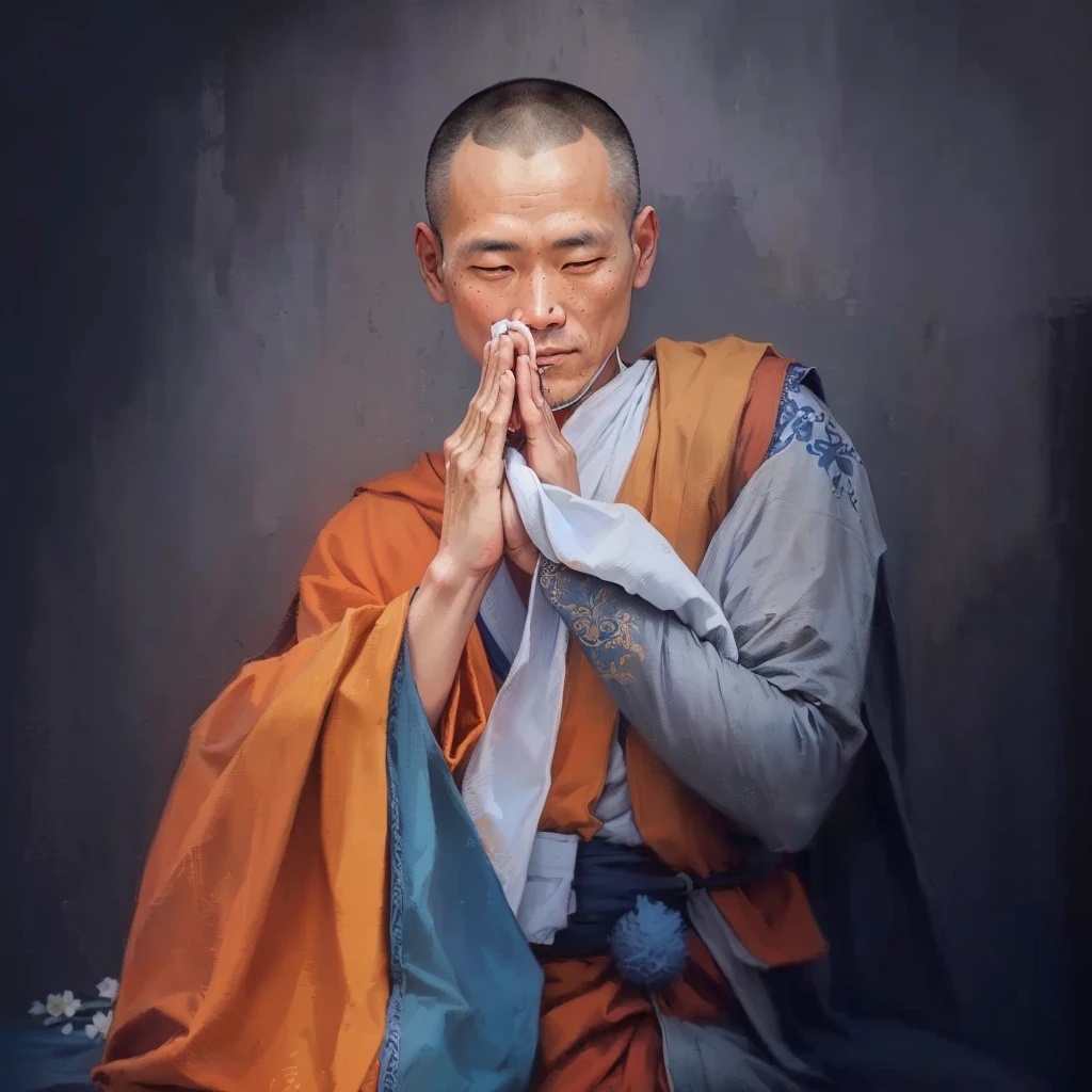 painting of a man with a blanket on his shoulders, portrait of monk, buddhist monk, 2 1 st century monk, monk meditate, fisting monk, monk, monk clothes, buddhist monk meditating, by Anna Füssli, by Ma Quan, samsara, inspired by Xiang Shengmo, very inspirational, daoist, ancient japanese monk