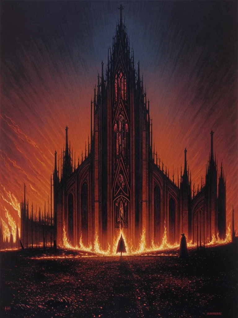 A burning church in the style of Wayne barlowe. A burning church in the style of Wayne barlowe.