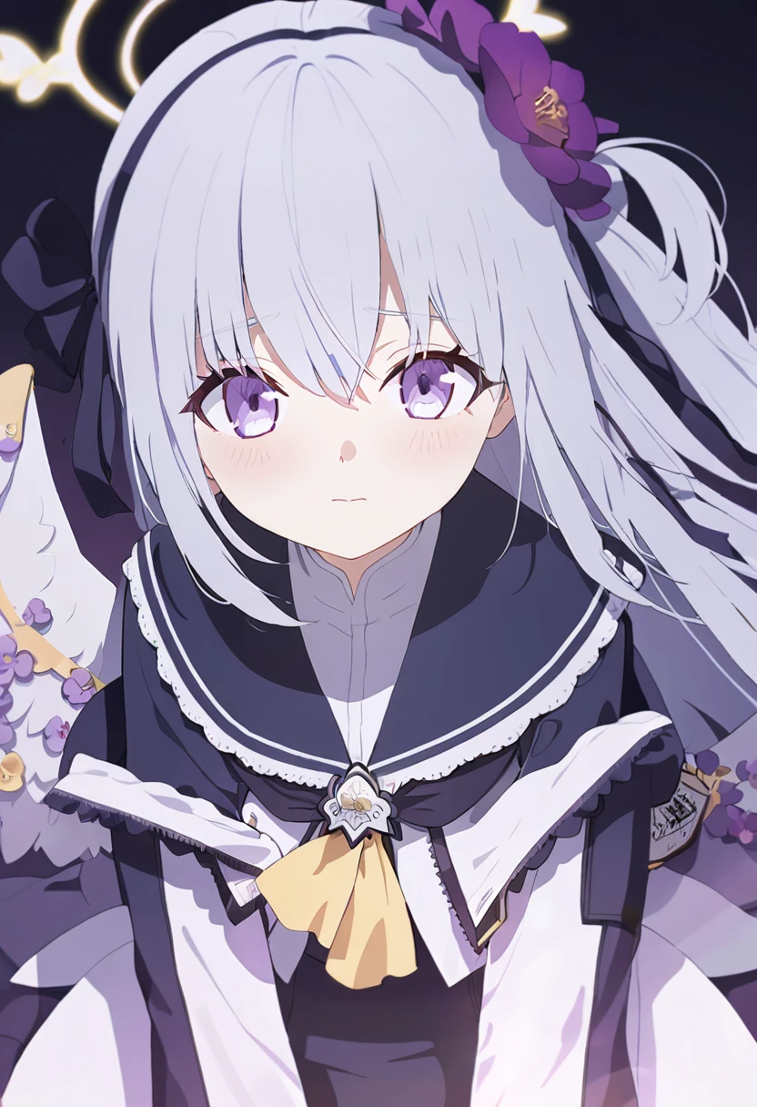 blue_archive azusa_(blue_archive) highres 1girl angel_wings black_dress blush closed_mouth cowboy_shot dress feathered_wings flower grey_hair hair_between_eyes hair_flower hair_ornament halo jacket long_hair long_sleeves open_clothes open_jacket purple_eyes purple_flower simple_background solo white_background white_jacket white_wings wings yellow_halo
