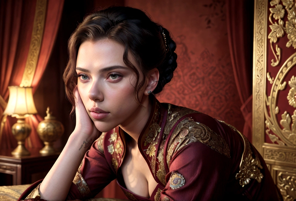 a woman (Scarlett Johansson Age 25), wearing an ornate cheongsam dress, detailed facial features, beautiful eyes, expressive lips, long eyelashes,beautiful skin,elegant hairstyle,feudal china setting,merchant family manor,greeting imperial emissaries,dramatic lighting,rich color palette,cinematic composition,intricate architectural details,opulent decor,stunning visual impact,(best quality,8k,highres,masterpiece:1.2),ultra-detailed,(realistic,photorealistic,photo-realistic:1.37),cinematic,dramatic,intricate,ornate,elegant,atmospheric,moody,rich colors (Show her from head to toe, show her entire body, show all of her)
