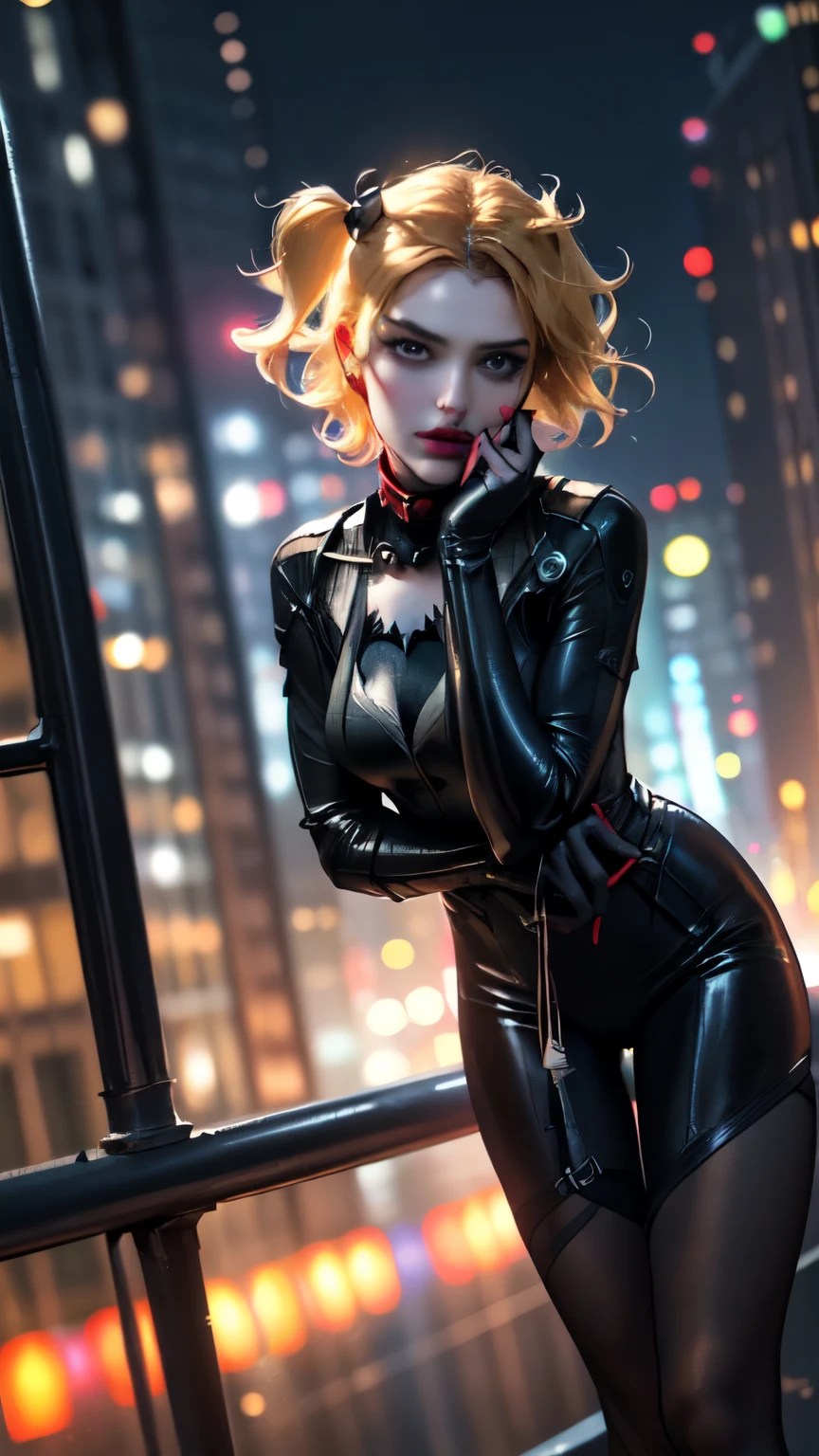 Fictional female villain from Marvel, (detailed beautiful female face, beautiful eyes, eyeshadow), ((Harley Quinn, Catwoman, Phantom Lady and Black Widow mix face and clothes)), New York and Manhattan cityscape, dynamic movement, best quality, masterpiece: 1.3, 8k, realistic, photorealistic: 1.5, ultra detailed, best quality, ultra high resolution, pose, blonde, messy hair, long hair blowing in the wind, professional lighting, (bokeh: 1.2), 1 female, solo,
