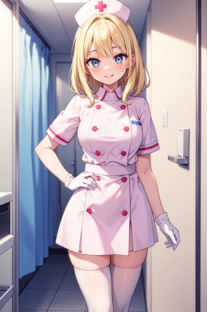 1woman, solo, nurse, white nurse cap, white nurse uniform, ((white legwear, zettai ryouiki)), white gloves, blonde hair, blue eyes, pink lips, smile, standing, ((hospital room)), sharp outline, short sleeves, mature female, 35 years old, best quality, masterpiece