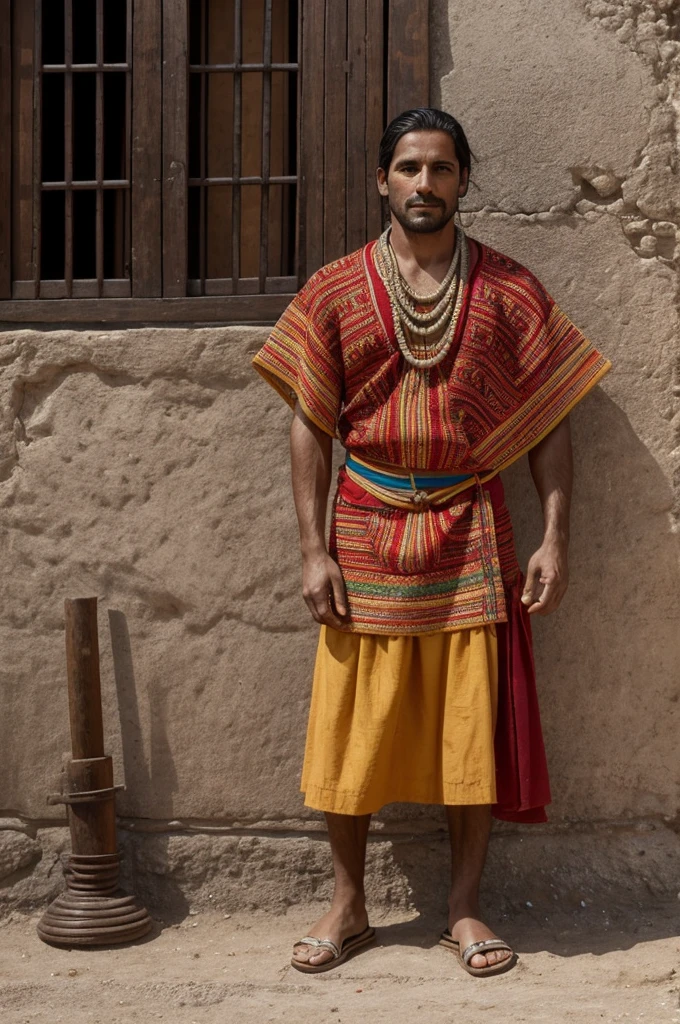 I need you to create an image of a character with the following information that I offer you Martín Farrochumbi is a 30-year-old Inca curaca. His skin is tanned as a result of working under the sun. He has black hair that he wears short. His eyes are brown. He shows an expression. of tranquility on his face he wears a dress called unco, it is made of typical fabric of the curacas with red colors that reflect power and love, his sandals are made of llama leather and he wears a quipu made of cotton or wool where he keeps a rope. or tools to work his posture is upright and proud his hands are thick and strong and his muscles are strong showing his great work