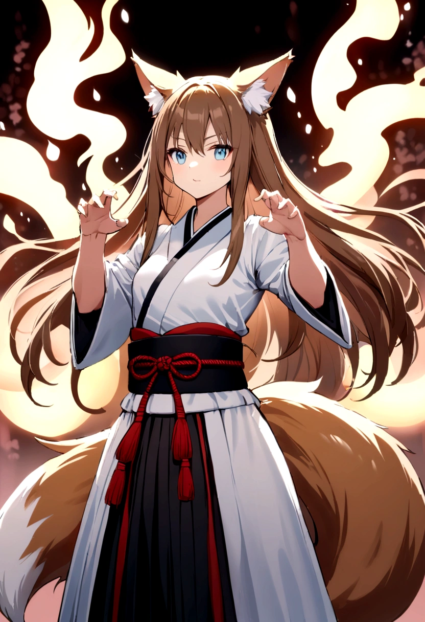 cute young girl, brown hair, long hair, light blue eyes, fox ears, fox tail, muscular body, small breast, japanese outfit, fight with magic spirit pose