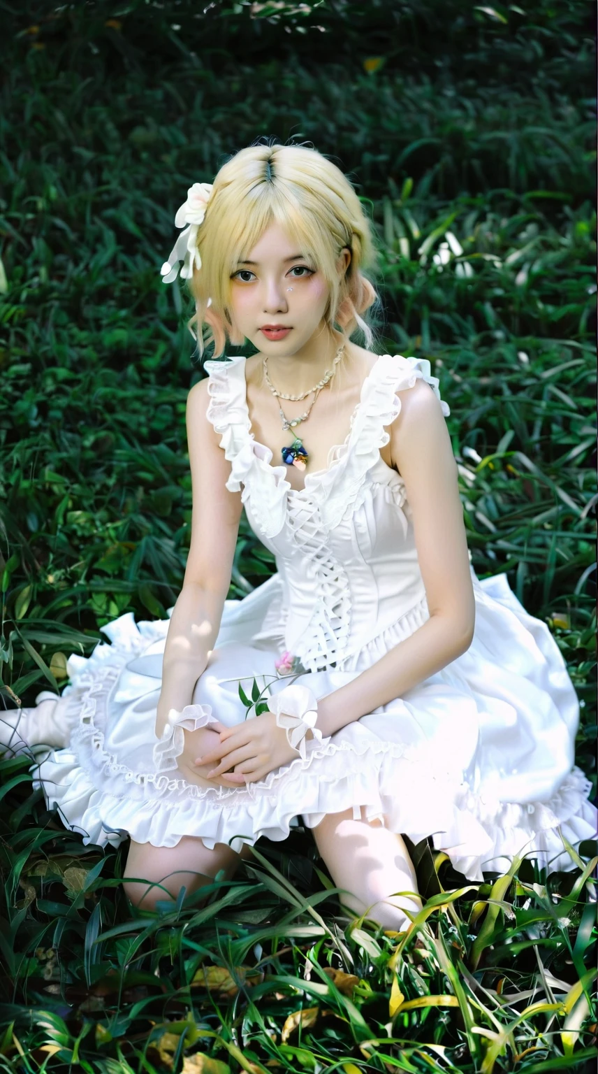 blond haired woman in a white dress sitting on the grass, anime girl cosplay, victorian gothic lolita fashion, lolita style, loli in dress, rococo ruffles dress, lolita fashion, elegant glamourous cosplay, fairycore, pale porcelain white skin, portrait of magical lolita girl, pale milky white porcelain skin, rococo dress, anime cosplay, belle delphine