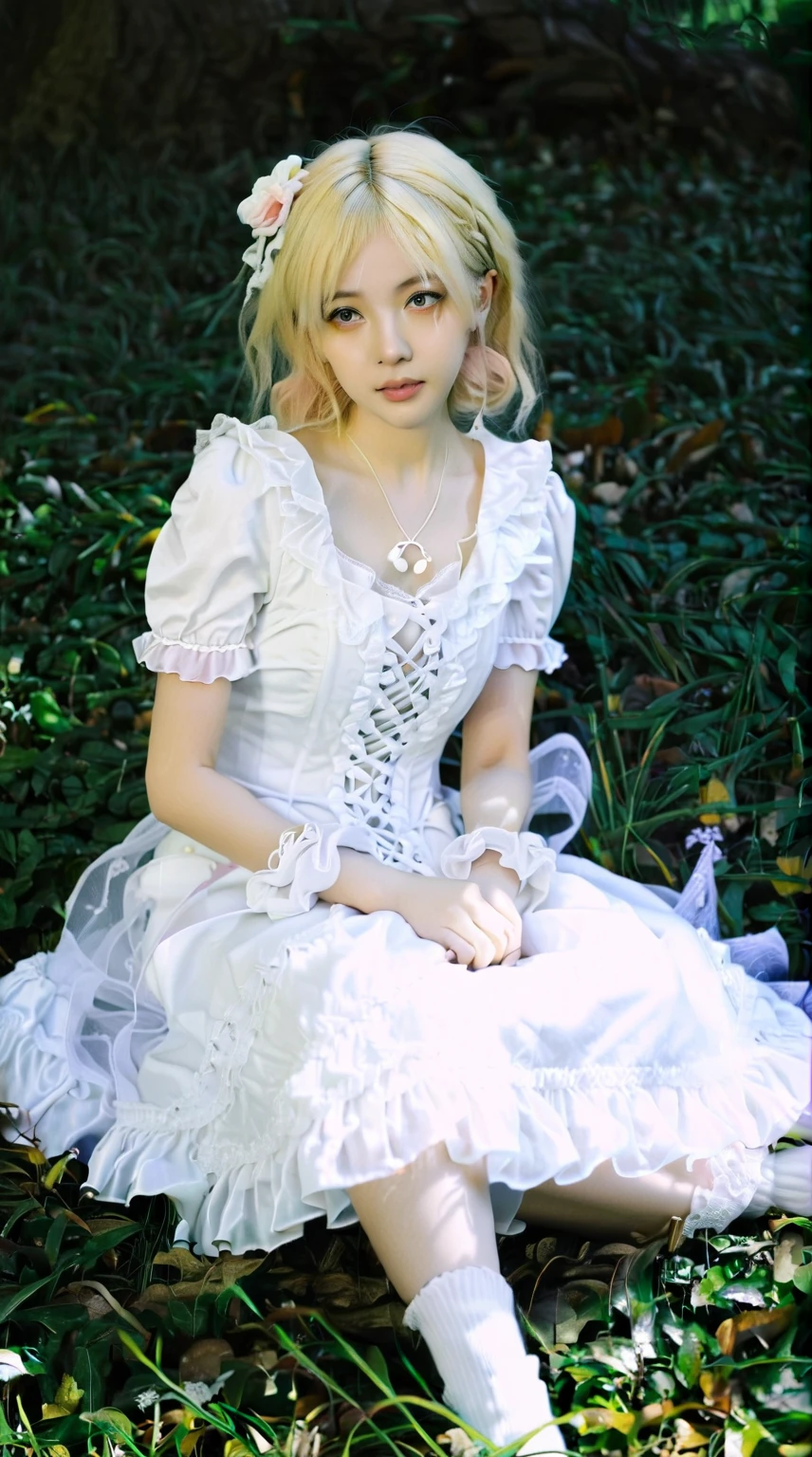 blond haired woman in a white dress sitting on the grass, anime girl cosplay, victorian gothic lolita fashion, lolita style, loli in dress, rococo ruffles dress, lolita fashion, elegant glamourous cosplay, fairycore, pale porcelain white skin, portrait of magical lolita girl, pale milky white porcelain skin, rococo dress, anime cosplay, belle delphine