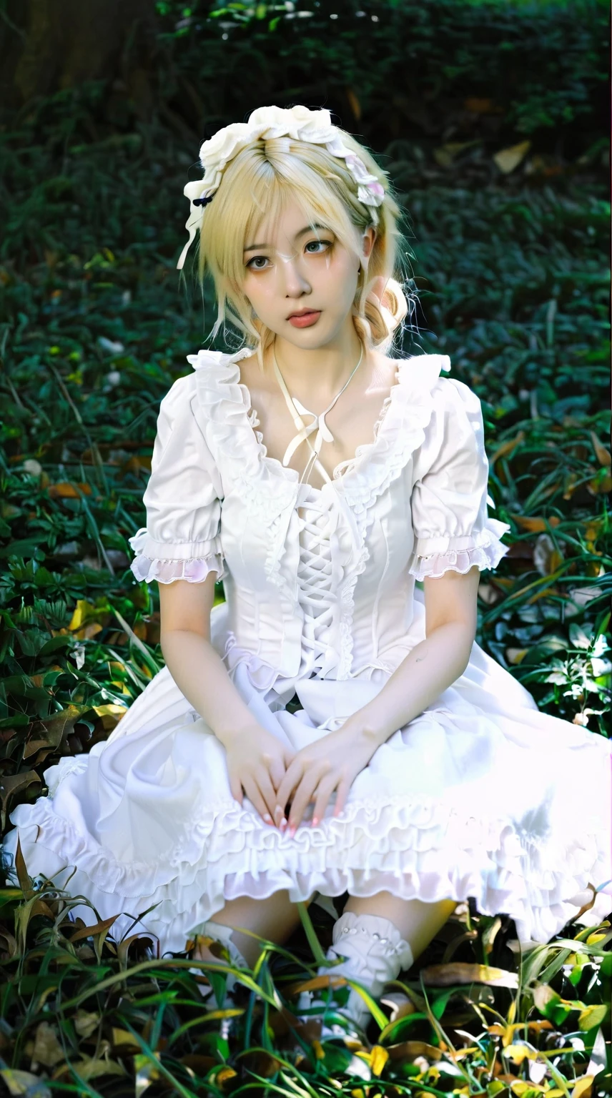 blond haired woman in a white dress sitting on the grass, anime girl cosplay, victorian gothic ta fashion, lolityle, loli in s, rococo ruffles dress, lolita fashielegant glamourous cosplay, fairycore, pale porcelain white skin, portrait of magical lolita girl, pallky white porcelain skin, rococo dress, anime cosplay, belle delphine