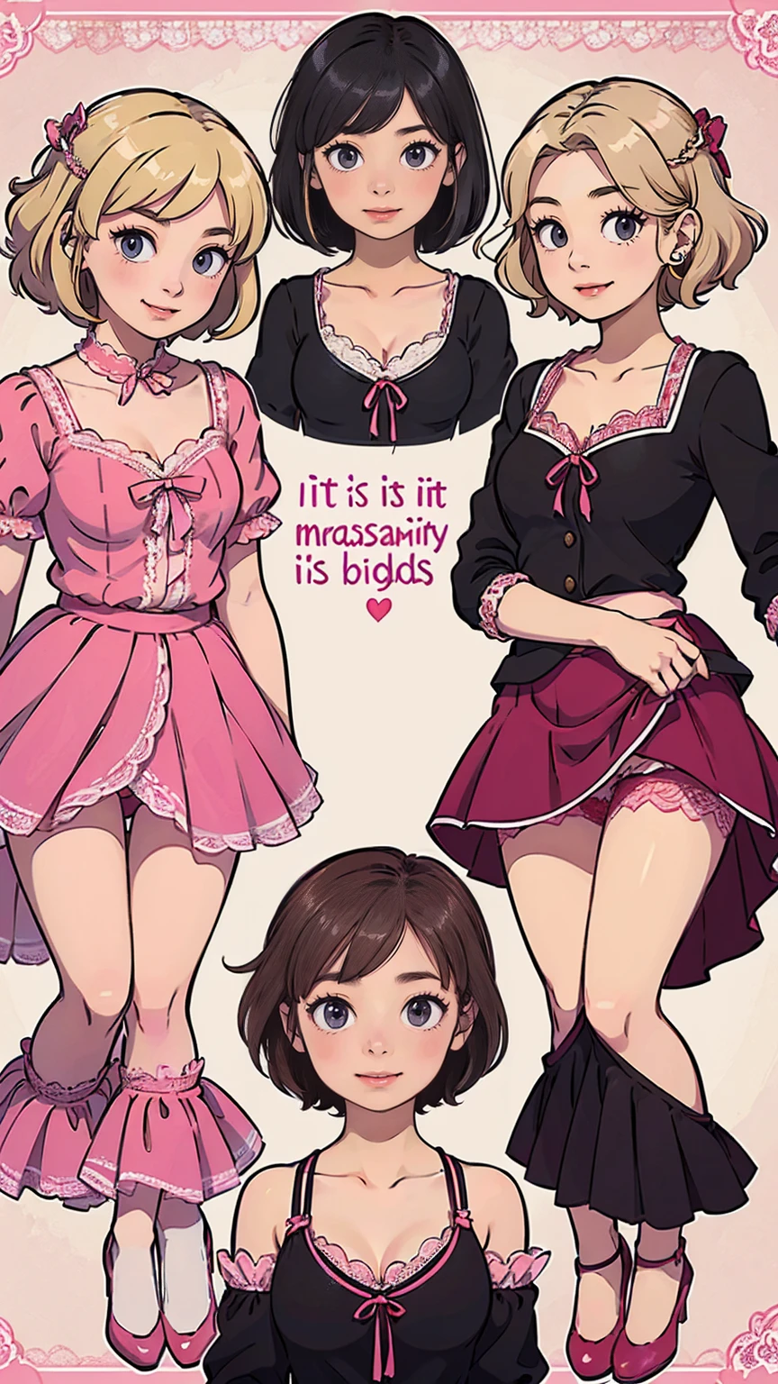 ((masterpiece)),(((Highest quality))),((Character design sheet)),Thin thighs,Long legs,A very cute 20 year old young woman from Japan..， ((Thin hair that is somewhere between brown and blonde)), ((Short hair with side waves)),Medium bust size､(Curly Hair)，(((A very kind smile))), (((She wears pink, Red and magenta lace panties)))，(((Wearing a black tight skirt, but、it is&#39;turned over in her hands.)))，(((He is wearing a black and white striped shirt.。)))  Highly detailed lips, Beautiful Eyes, City Street，