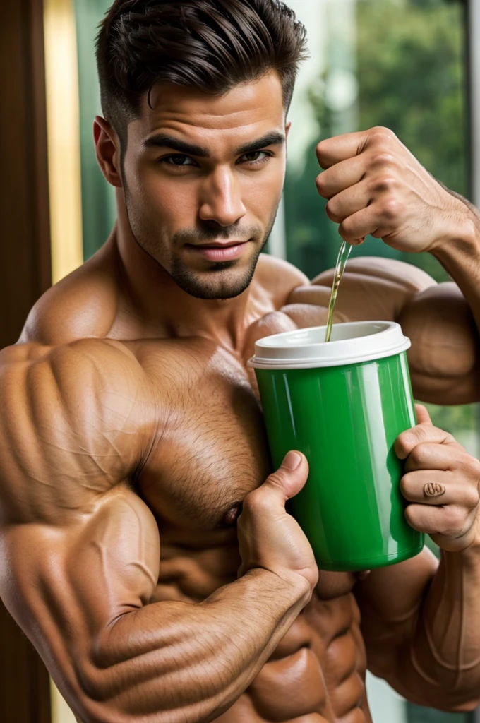 Muscular guy holding his thumps up while drinking green tea