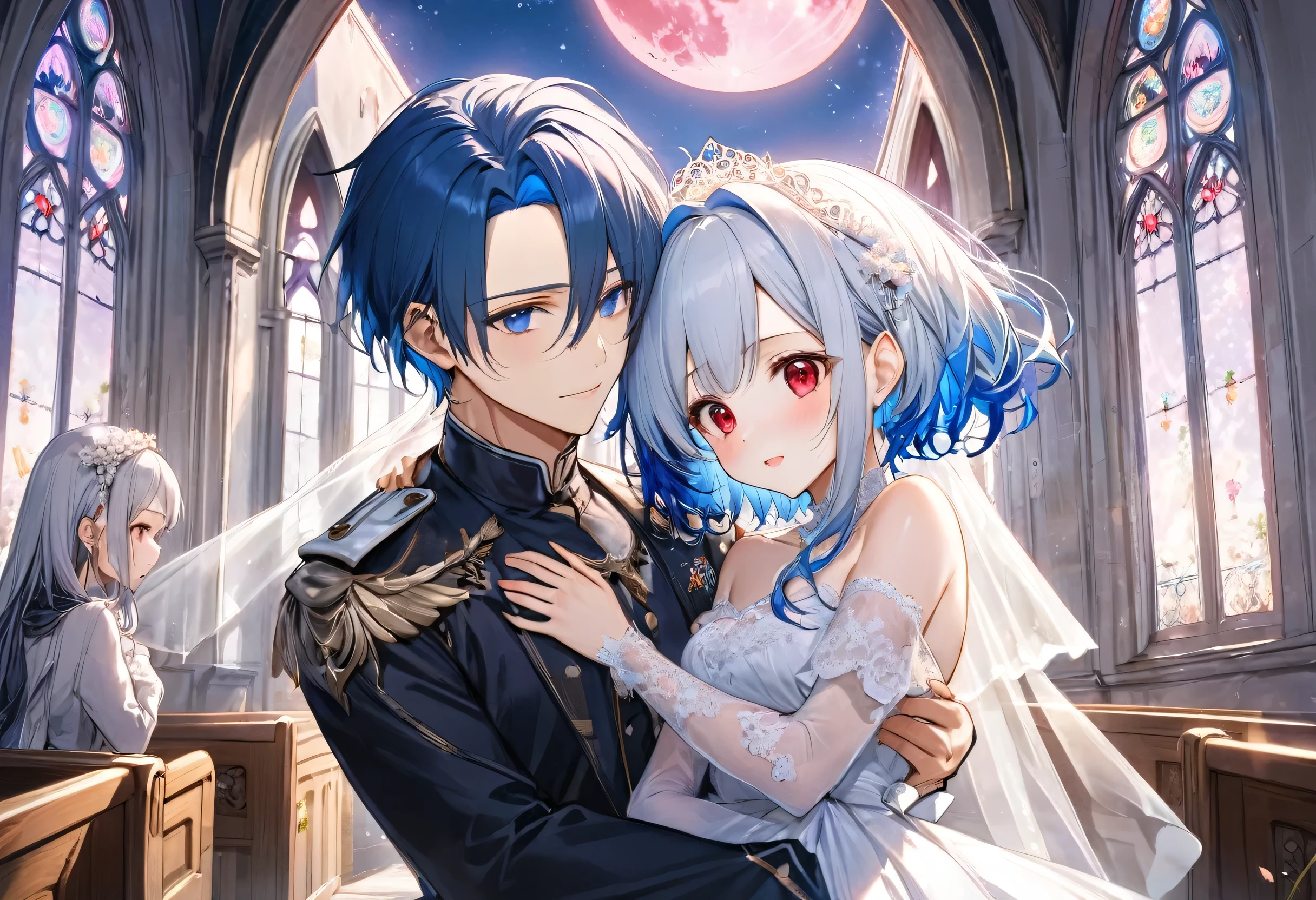 {(a crew cut silver hair very short hair divine cool boy, detailed red eyes, Confusion face, flat chest) is (hugging her head)}, and, {(a forehead blue hair long hair cute bride girl, cute blue eyes)}, (in the Chapel Terrace), (background detailed biggest pink moon), BREAK, perfect anatomy, masterpiece, best quality, 16k, beautiful detailed night, daydreaming expression.