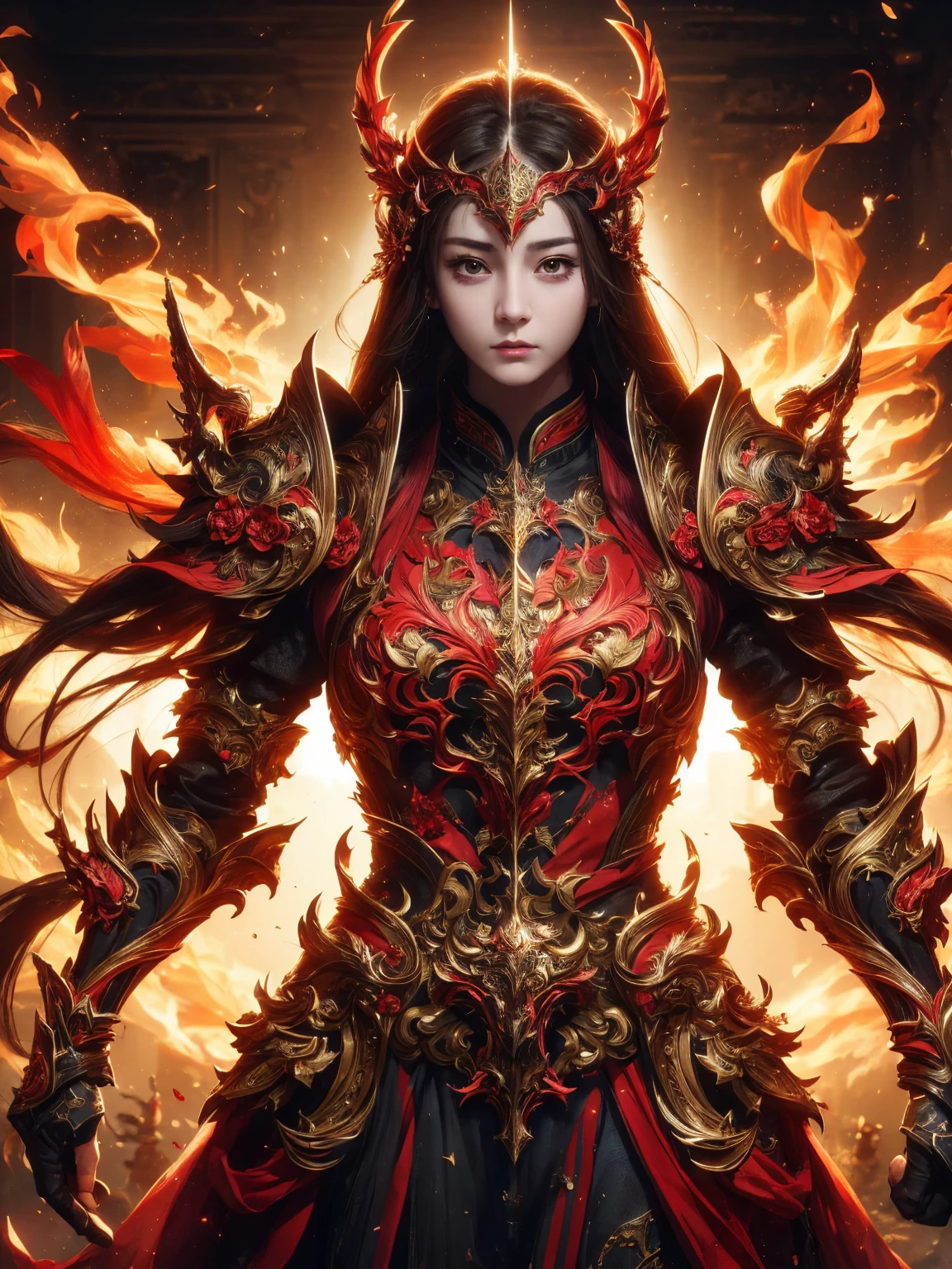 ((Low angle view)), ((Detailed background)), ((Battlefield, group of armies)), (masterpiece, top quality, best quality, official art, beautiful and aesthetic:1.2), (1girl),craft a Hyper-realistic portrayal of a futuristic (1girl1.2), (beautiful Dilireba), beautiful character donned in intricate armor surrounded by captivating flames, an epic long (sword:1.2), Dynamic pose, Random pose, Dynamic angle, battle stance, Meticulous details capture the intense fusion of tradition and innovation in this visually stunning composition. Trending on Artstation. Perfect lighting,,