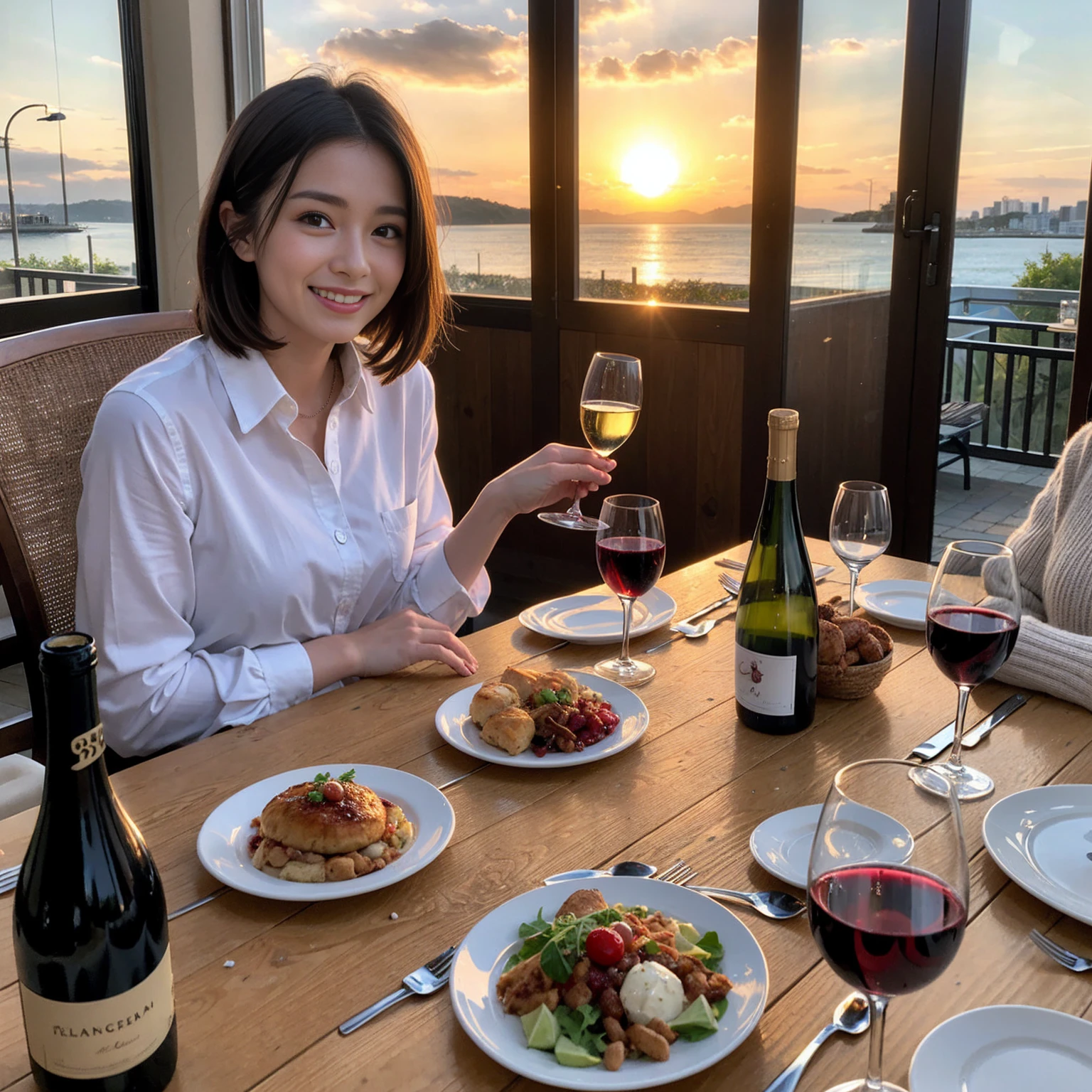 ((Highest quality、8K、masterpiece:1.3))、 (Genuineistic, Genuine、Bright image、Intricate details:1.2), 最高のsmile、1 male、1 female、Beautiful couple、Love Love Love、fiancee、Good friends、actress couple、smile、Full-course dinner at a packed table、 (Slim face), (the body is slim), (Brown Hair), (short hair), テーブルのwine glass、Please shine a light on my face、 Amazing view of the sunset sky and clouds、 39 years old, red wine 、Appetizers、Wine bottle、sparkling wine、Long sleeve shirt、dress、White wine, red wine, wine glass,