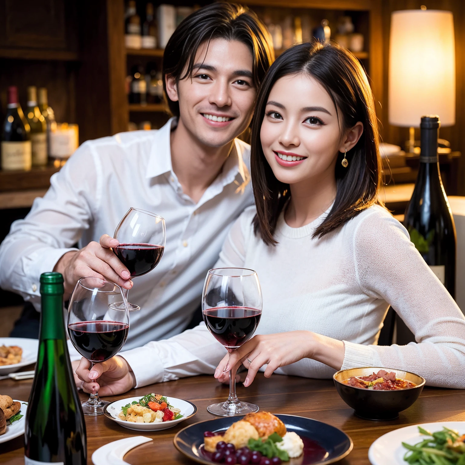((Highest quality、8K、masterpiece:1.3))、 (Genuineistic, Genuine、Bright image、Intricate details:1.2), 最高のsmile、1 male、1 female、Beautiful couple、Love Love Love、fiancee、Good friends、actress couple、smile、Full-course dinner at a packed table、 (Slim face), (the body is slim), (Brown Hair), (short hair), テーブルのwine glass、Please shine a light on my face、 Amazing view of the sunset sky and clouds、 39 years old, red wine 、Appetizers、Wine bottle、sparkling wine、Long sleeve shirt、dress、White wine, red wine, wine glass,