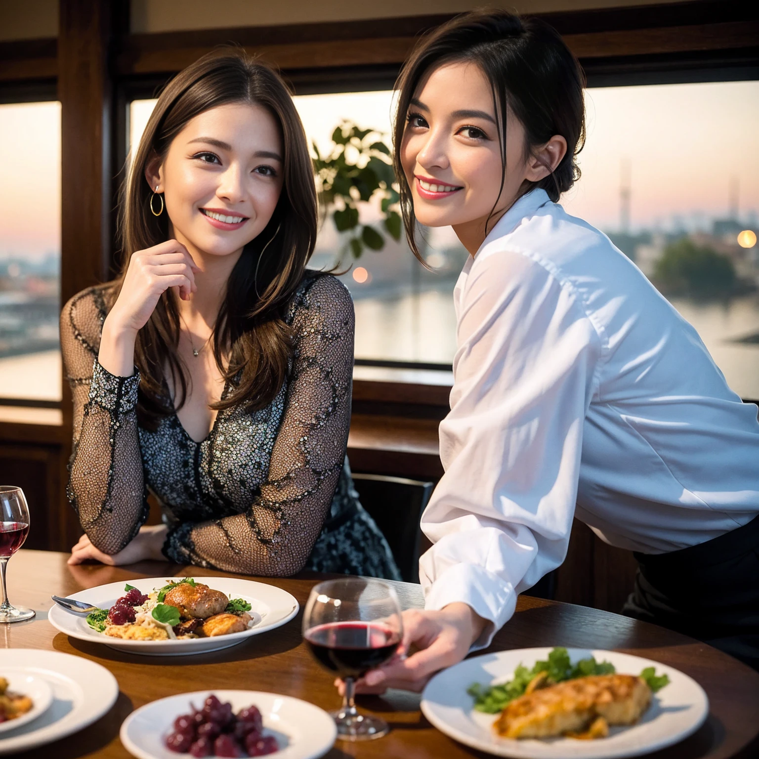 ((Highest quality、8K、masterpiece:1.3))、 (Genuineistic, Genuine、Bright image、Intricate details:1.2), 最高のsmile、1 male、1 female、Beautiful couple、Love Love Love、fiancee、Good friends、actress couple、smile、Full-course dinner at a packed table、 (Slim face), (the body is slim), (Brown Hair), (short hair), テーブルのwine glass、Please shine a light on my face、 Amazing view of the sunset sky and clouds、 39 years old, red wine 、Appetizers、Wine bottle、sparkling wine、Long sleeve shirt、dress、White wine, red wine, wine glass,