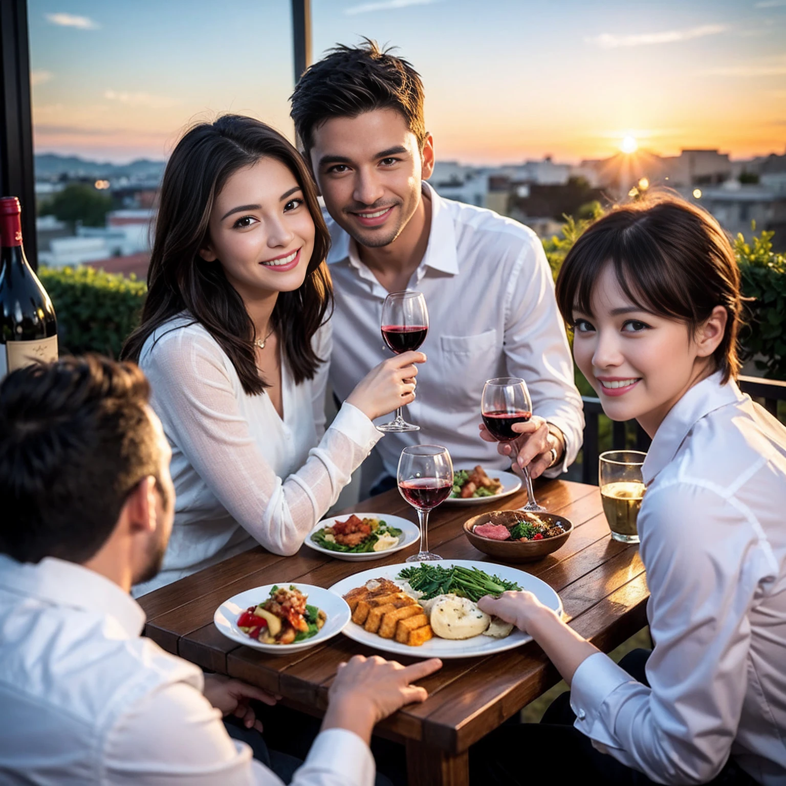 ((Highest quality、8K、masterpiece:1.3))、 (Genuineistic, Genuine、Bright image、Intricate details:1.2), 最高のsmile、1 male、1 female、Beautiful couple、Love Love Love、fiancee、Good friends、actress couple、smile、Full-course dinner at a packed table、 (Slim face), (the body is slim), (Brown Hair), (short hair), テーブルのwine glass、Please shine a light on my face、 Amazing view of the sunset sky and clouds、 39 years old, red wine 、Appetizers、Wine bottle、sparkling wine、Long sleeve shirt、dress、White wine, red wine, wine glass,