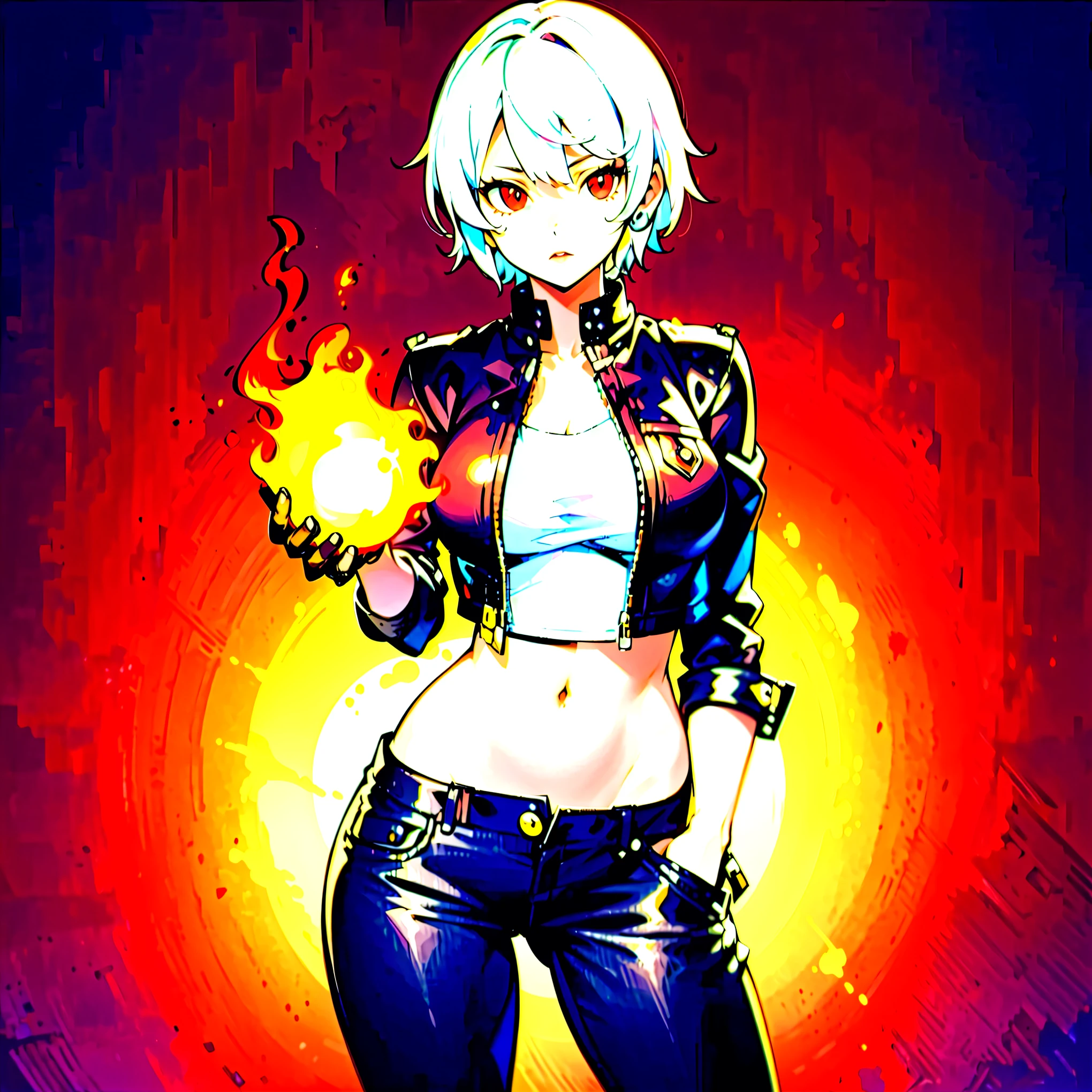 1woman, short white hair, red eyes, medium breast, wide hips, red lipstick, black leather jacket, white T-shirt, black jeans, gloves, expressionless face, ((holding a fireball)), ((hands on pockets pose)), ((full body)), ((solo)), ((best quality)), ((masterpiece)), portrait, looking at the camera, from the front, simple background, ((detailed)), ((perfect anatomy)), ((detailed art)), ((high definition)), ((4k)), ((high resolution))
