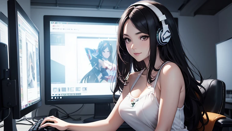 Side angle, (avert your eyes:1.5), Realistic, (Pale skin: 1.2), RAW Photos, Realistic, Portrait Photography, Shiny skin, korean Idols, Shiny Hair,(A 25-year-old woman with medium-length ponytial hair) and (Black Hair) and (brown eyes),smile, Background is in a gaming room, sitting down, summer outfit, wearing a dress (white dress), belly button showing, bare shoulders,((whole body:1.3)), wearing white shorts, holding a gaming controller, in front of a computer, wearing gaming headset