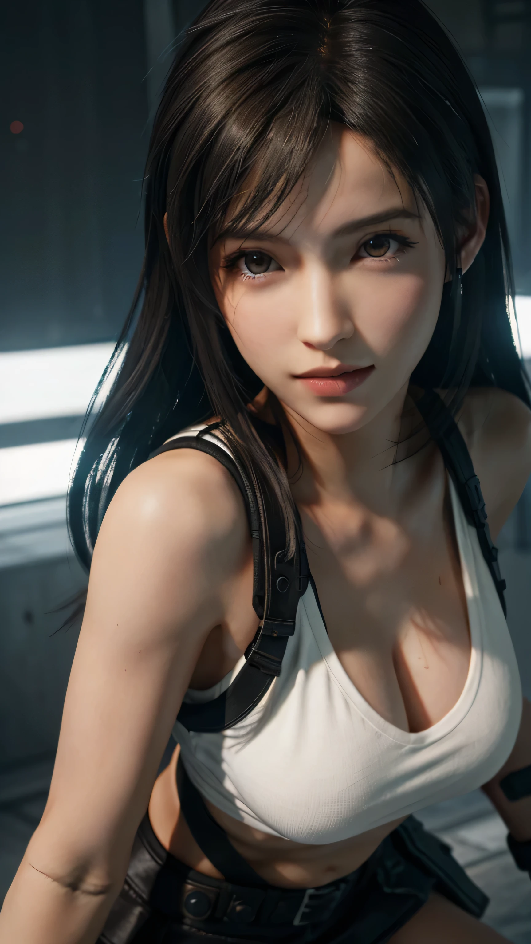 (Highest quality, masterpiece: 1.1), (Realistic: 1.3), break (((FF7,Tifa_Lockhart))),(dark, A barely lit torture chamber:1.3),(Face Focus:1.3,Face close-up:1.3) break (((FF7,Tifa_Lockhart))),(Light brown hair, Large Breasts: 1.2),(Tifa_Lockhart uniform:1.3, suspenders, Low rise, mini skirt, Tank top),Dressed:1.2,  break (((FF7,Tifa_Lockhart))),(Hordes of monsters:1.3),(Lots of monsters:1.2), Wet Hair, Around 18 years old,Sensual, avert your eyes:1.2, Monsters attack,Tifa_Lockhart faghting , Nude